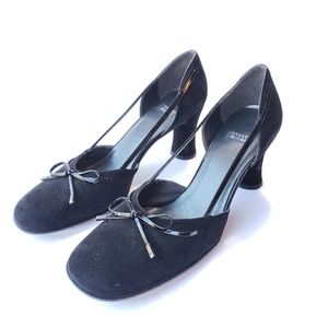 Stuart Weitzman black suede heels with bow on toe